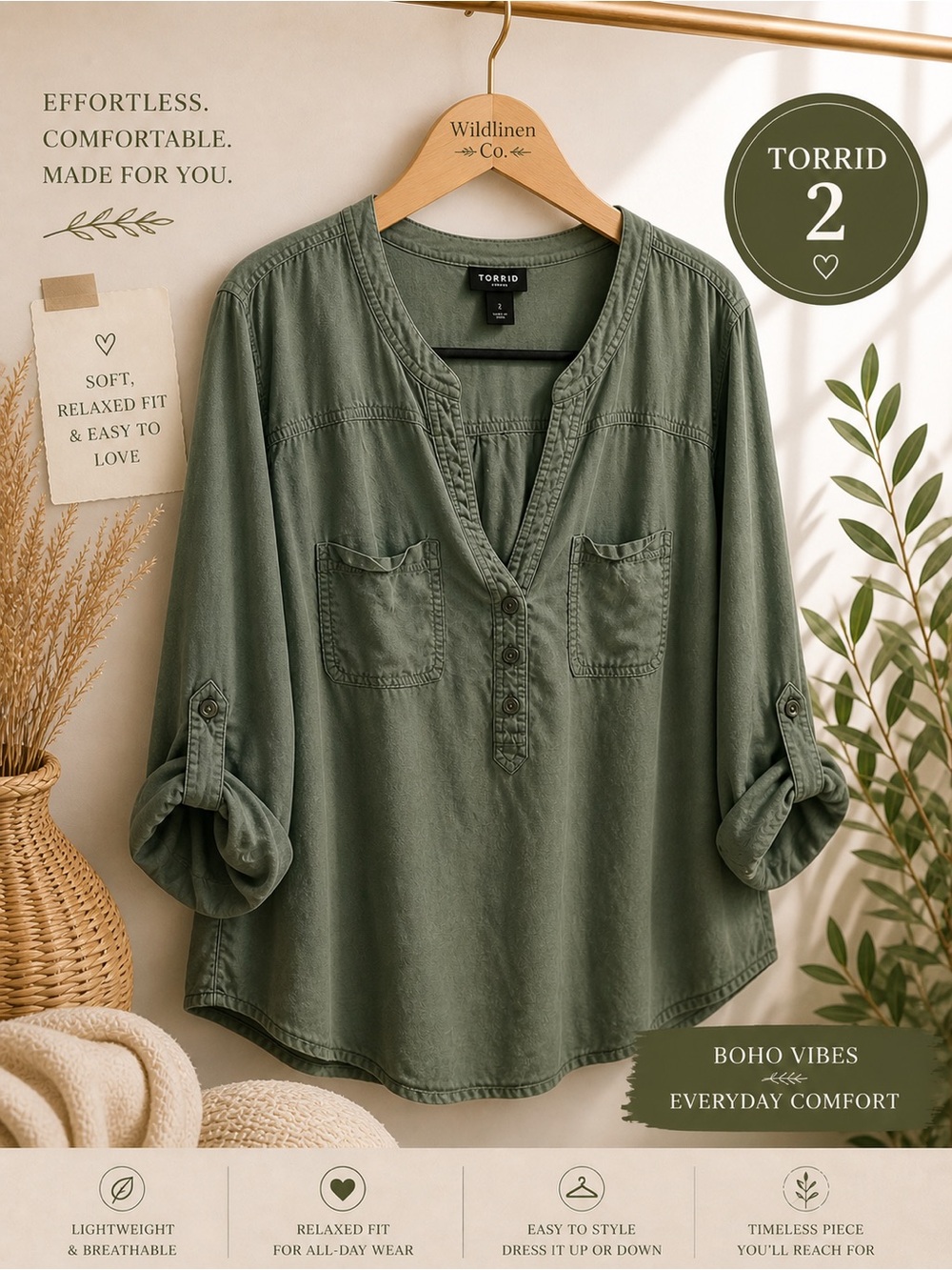 torrid Olive Green Henley Button-Front Tunic